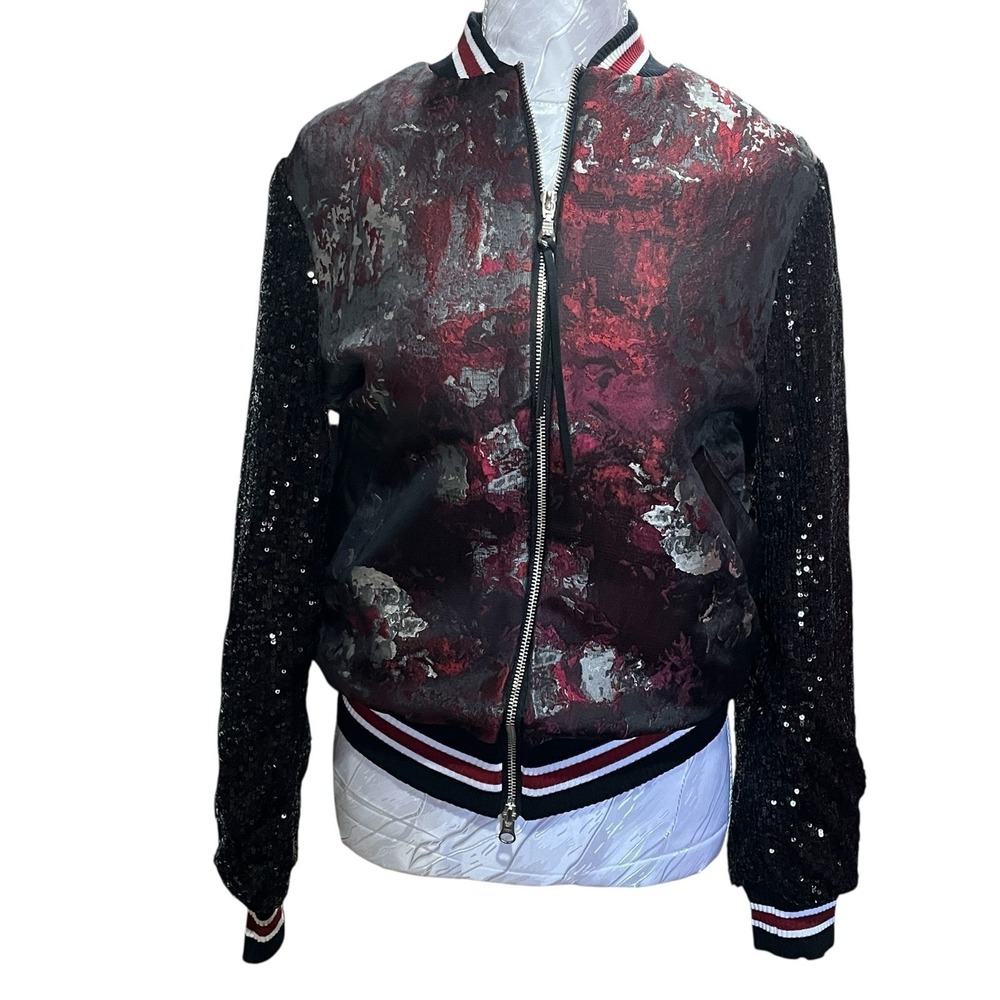 Mayer Sz XS Wyatt Floral Jacquard Bomber Jacket Varsity Sequin Sleeves Preppy